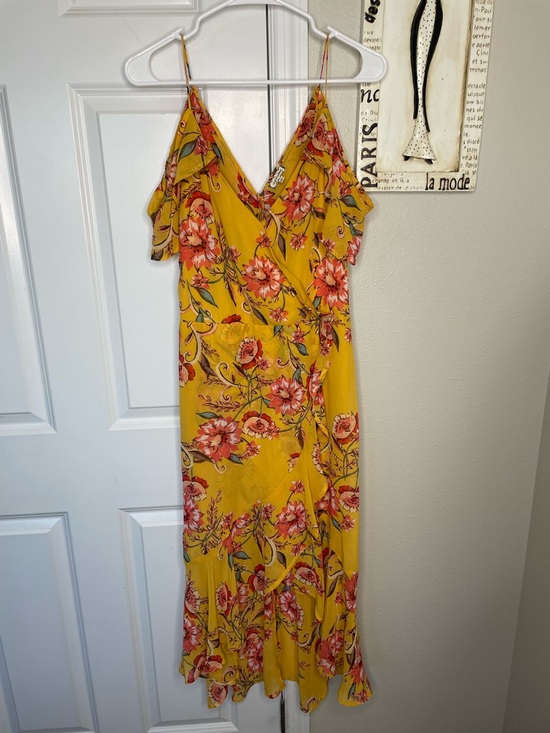 English Factory Dresses & Skirts - Eyeshadow Yellow Floral Wrap Midi Dress Cold Shoulder Ruffle Boho Cottagecore L